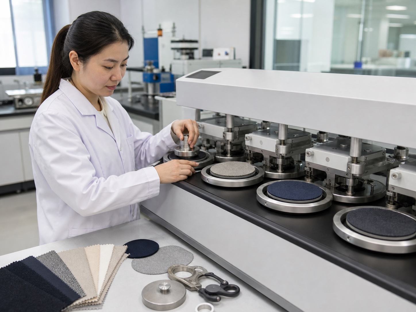 Technician operating a textile abrasion and pilling tester