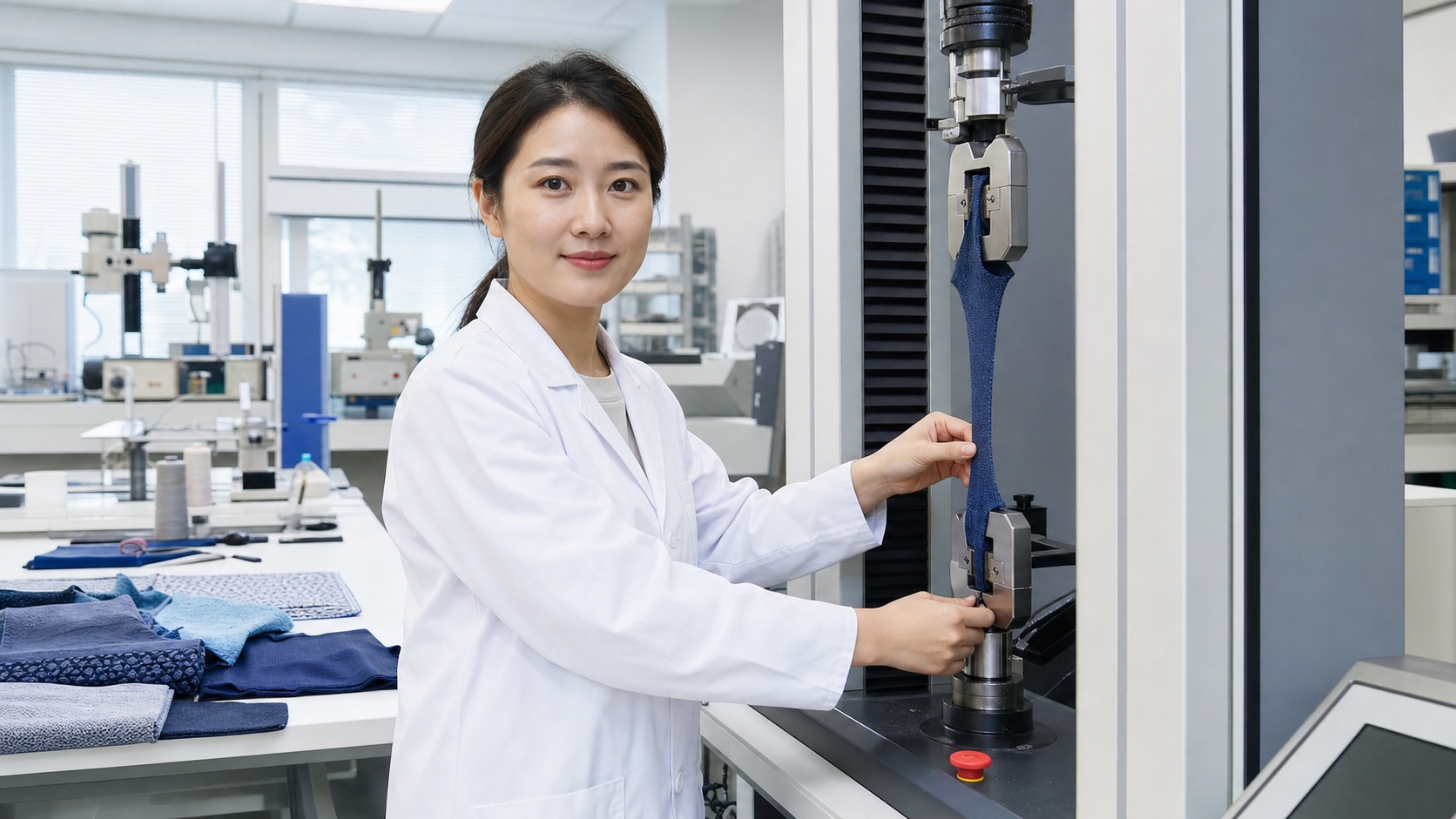 Textile technician performing a tensile test on activewear fabric
