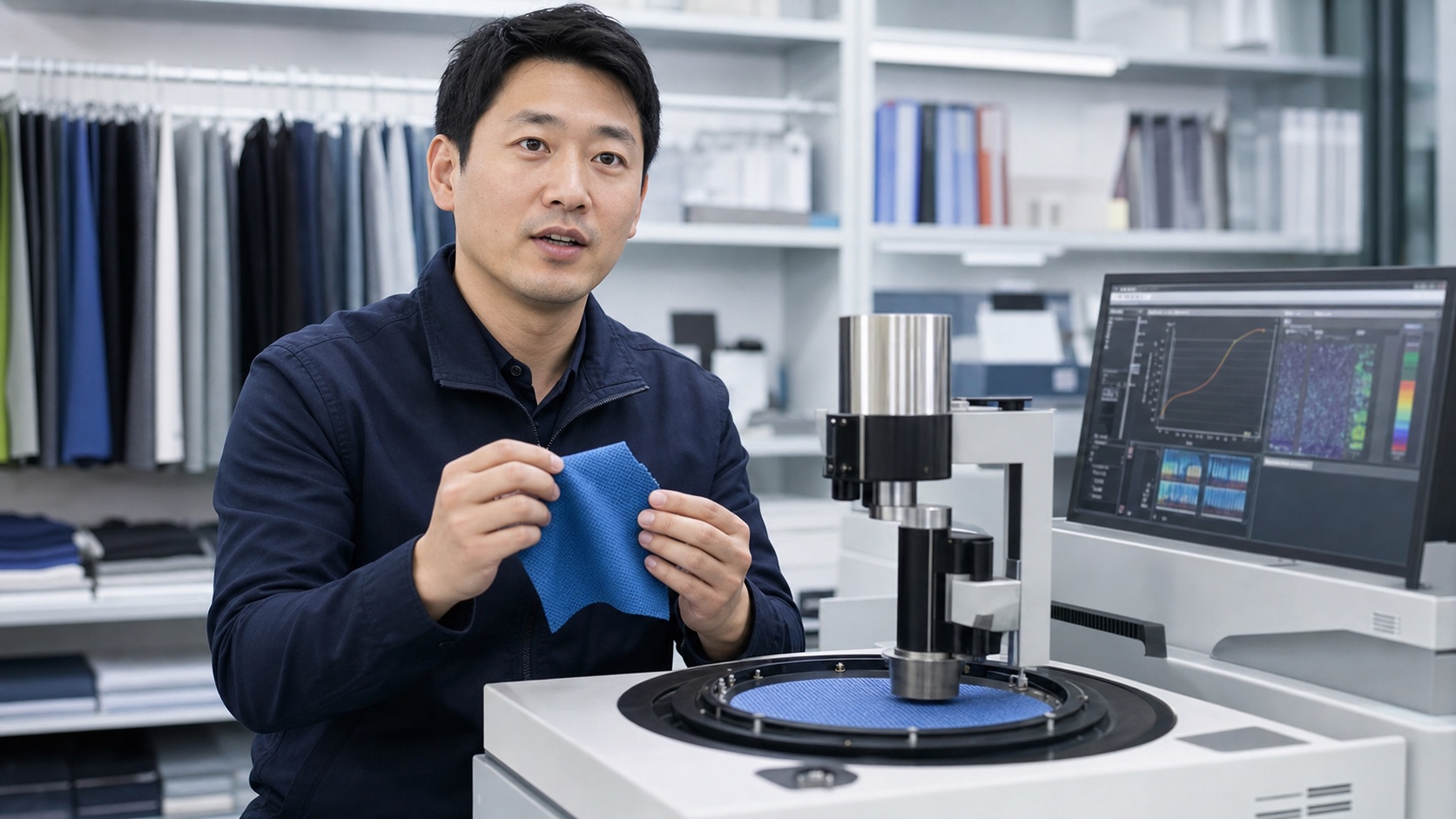 Textile technician reviewing a moisture-management fabric test