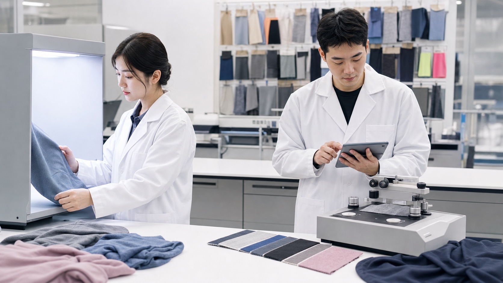 Textile quality technicians reviewing fabric test results