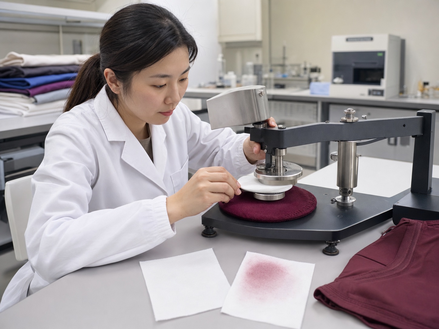 Technician operating a rubbing colorfastness tester