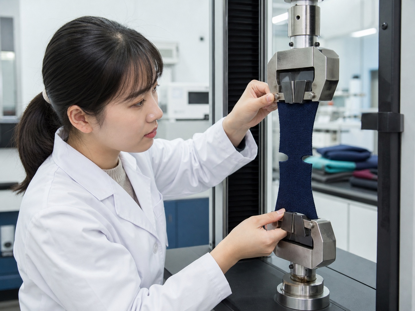 Technician conducting textile tear strength testing