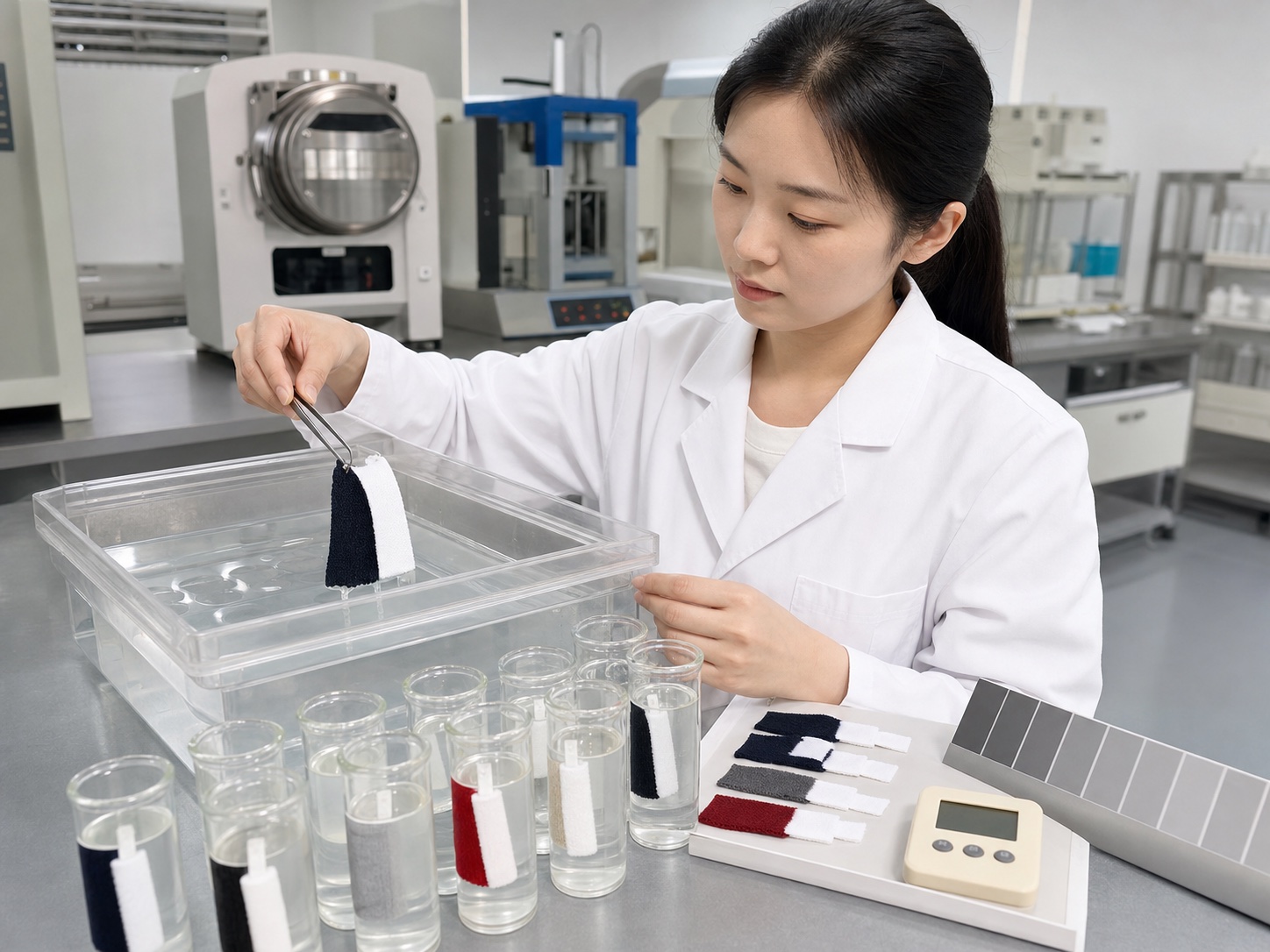 Technician reviewing textile water colorfastness specimens